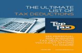 THE ULTIMATE LIST OF TAX DEDUCTIONS - Top Tax … to take advantage of. 111THE TULUIMHASOF 111THE HULIMAMSIMOFTXED 4 INDIVIDUAL DEDUCTIONS Individuals can deduct many expenses from