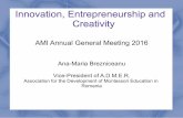 Innovation, Entrepreneurship and Creativity · Innovation, Entrepreneurship and Creativity AMI Annual General Meeting 2016 Ana-Maria Brezniceanu Vice-President of A.D.M.E.R Association