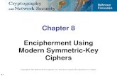 Chapter 8 Encipherment Using Modern Symmetric … USE OF MODERN BLOCK CIPHERS Symmetric-key encipherment can be done using modernblockciphers.Modesofoperation havebeen devisedtoencipher