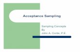 Sampling Concepts By John A. Conte, P.E. Sampling Inspection of “Lots” of either incoming raw materials or outgoing product Decision to accept or reject based on sample All sampling