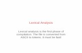 Lexical analysis is the first phase of compilation: The file is ... Passes Analysis of input program (front -end) character stream Lexical Analysis Code Generation Optimization Intermediate