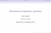 Renaissance imagination: geometry - Live Toadlivetoad.org/Courses/Documents/9eb4/Notes/lecture_20101005.pdf · Seeing is believingEuclid’s wakeIn perspective Renaissance imagination:
