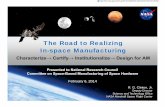 The Road to Realizing In-space Manufacturing · The Road to Realizing In-space Manufacturing • February ... CAD for custom doubler ‘patch ... - Database of every part needed for
