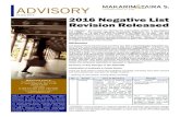 ADVISORY - makarim.com Advisory - 2016 Negative List... · 2 No. Business Field KBLI 2014 2016 Remarks 4. Tobacco crops 01150 - Max 95% foreign ownership - Subject to a