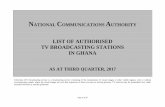 LIST OF AUTHORISED TV BROADCASTING STATIONS IN … · Page 1 of 27 N ATIONAL C OMMUNICATIONS A UTHORITY LIST OF AUTHORISED TV BROADCASTING STATIONS IN GHANA AS AT THIRD QUARTER, 2017