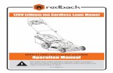 120V Lithium Ion Cordless Lawn Mower · decals are attached and in readable condition. Replace missing or defaced decals. Contact Redback USA at 1-877-487-8275 for replacement decals.