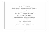 MUSIC THERAPY AND NEUROSCIENCE · 13 February, 2016 Nordic Music Therapy Student Conference Aalborg MUSIC THERAPY AND NEUROSCIENCE Relationships and Differences Erik Christensen erc@timespace.dk