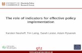 The role of indicators for effective policy implementation...The role of indicators for effective policy implementation Karsten Neuhoff, Tim Laing, Sarah Lester, Adam Rysanek. Outline