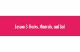 Lesson 3: Rocks, Minerals, and Soil...Soil A mixture of rock particles, air, water, and decomposing matter. Main rock particles in soil are sand, silt, and clay. The type of rock particles