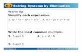 Write the least common multiple. 3. 4. 5. - USD 475 Geary ... · Holt Algebra 1 6-3 Solving Systems by Elimination Warm Up Simplify each expression. 1. 2y – 4x – 2(4y – 2x)