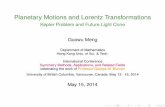 Planetary Motions and Lorentz Transformationsmath.usask.ca/~cheviakov/bluman2014/talks/Meng.pdf · Planetary Motions and Lorentz Transformations Kepler Problem and Future Light Cone