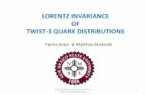 LORENTZ INVARIANCE OF TWIST-3 QUARK DISTRIBUTIONS · Lorentz Invariance of twist-3 distributions are violated if δ(x) is not taken into account. Twist-2 PDF SDM QTM f 1 g 1 h 1 Twist-3