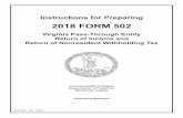 2018 Form 502 Instructions, Virginia Pass-Through Entity ... · in conducting the orientation, instruction, and training during the taxable year, not to exceed $2,000. See the Form