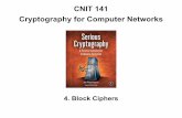 CNIT 141 Cryptography for Computer Networks · • DES: 64 bit • AES: 128 bit • Chosen to fit into registers of CPUs for speed • Block sizes below 64 are vulnerable to a codebook