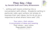 They Say, I Say - fcusd.org€¦ · They Say, I Say by Gerald Graff and Cathy Birkenstein “… writing well means entering into a conversation with others. Academic writing in particular