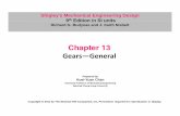 Chapter 13 Gears—General - KSU · 13 Gears—General Chapter Outline 13-1 Types of Gears 13-2 Nomenclature 13-3 Conjugate Action 13-4 Involute Properties 13-5 Fundamentals 13-6