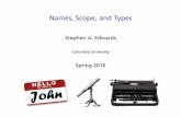 Names, Scope, and Types - Columbia Universitysedwards/classes/2016/4115-spring/types.pdfBasic Static Scope in C, C++, Java, etc. A name begins life where it is declared and ends at