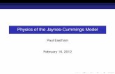 Physics of the Jaynes-Cummings ModelThe model!Jaynes-Cummings Model = One ﬁeld mode, two atomic states Energy of photon in ﬁeld mode H^ = ( =2) (jeihejj gihgj) + ~! ^aya^ + ~ 2