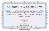 Certificate of Completion This is to certify that Claire ... · completed the Microsoft Excel 2013 Advanced. Online Excel Training Course online course on April 16, 2016 Infinite