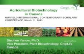 Agricultural Biotechnology in Canadanuffieldinternational.org/csc-conferences/2013/Stephen... · 2015-07-17 · • Insect pest resistance – corn – Bt strains specifc to particular