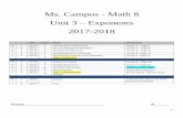 Ms. Campos - Math 8 Unit 3 Exponents 2017-2018 · 1 Ms. Campos - Math 8 Unit 3 – Exponents 2017-2018 Name _____ #_____ Date Lesson Topic Homework M 5 10/16 1 Introduction to Exponents
