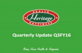 Quarterly Update Q3FY16 - Heritage Foods · 12 Particulars Q3FY16 Q3FY15 YOY % No. of stores 103 88 17.05 Total carpet area('000 sq ft) 361 327 10.55 Avg store sales(Rs/sq ft/month)