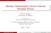 Weakly Holomorphic Vector Valued Modular Formsrtakloo/atkin/atkin2011/jitendra.pdfWeakly Holomorphic Vector Valued Modular Forms Jitendra Bajpai University of Alberta Presented at: