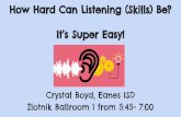 How Hard Can Listening (Skills) Be? It’s Super Easy!...recognize the importance of effective listening skills identify problems they may have in listening effectively provide a challenging