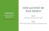 HOW and WHAT We Teach Matters! - hooffallsandfootfalls.com · HOW and WHAT We Teach Matters! Part 1 HOW We Say What We Teach Part 2 WHY Rider Position Matters & Sample Cues SAEBRA