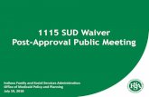 1115 SUD Waiver Post-Approval Public Meeting · Evaluation Protocol: Independent Evaluator: Burns & Associates Will be submitted by July 31, 2018 Quarter 1 2018 Progress Report: Submitted