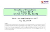 Results of Operations for Fiscal 2019 (Ended March …1 Results of Operations for Fiscal 2019 (Ended March 31, 2020) Nihon Dempa Kogyo Co., Ltd. July 15, 2020 [Note] Statements made