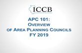 APC 101: OVERVIEW AREA PLANNING COUNCILS FY 2019 · • APCs may choose to form a joint APC consisting of two or more community college districts if approved by the ICCB . • The