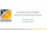 Common Data Model v4 to v5 Conversion Script1. Row count comparisons between V4 and V5 tables 2. Mapping of V4 tables to target V5 tables using the vocabulary 3. Total of the V4 tables