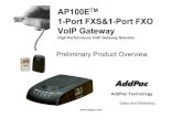 AP100E 1-Port FXS&1-Port FXO VoIP Gateway AP100E Presenation File Author: AddPac Subject: 1 Port FXS, 1Port FXS & PSTN Backup, 2 Port FXS & PSTN Backup, 1 Port FXS & 1 Port FXO Keywords: