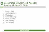 Coordinated Entry for Youth Agenda: Monday, October 15, 2018 · 10/15/2018  · 1 Coordinated Entry for Youth Agenda: Monday, October 15, 2018 I. Introductions II. Context Setting