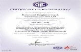 CERTIFICATE OF TheQualitICERTIFICATE OF REGISTRATION The Quality Management System of Balanced Engineering & Construction Pte Ltd 18 Boon Lay way #06-105/106 Tradehub 21 Singapore