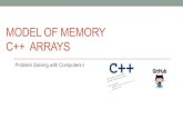 MODEL OF MEMORY C++ ARRAYSModel of memory •Sequence of adjacent cells •Each cell has 1-byte stored in it •Each cell has an address (memory location) 0 1 2 3 4 5 6 7 8 9 10 char