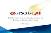 Best System Integration Company for Business Competitiveness · About Syscom •Established：1975.7. 17 •IPO：2001. 5.22 •Employees：956 (Feb.2017) •Business Scope： System