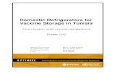 Domestic Refrigerators for Vaccine Storage in Tunisia · Refrigerator models selected for testing against WHO norms. Manufacturer Model Energy rating (kWh/year) Volume of refrigerator