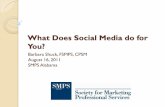 What Does Social Media do for You? - smpsalabama.org · What Does Social Media do for You? Barbara Shuck, FSMPS, CPSM ... Word-of-mouth referring posts on other medium-high profile