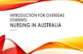 INTRODUCTION FOR OVERSEAS STUDENTS: NURSING IN … · Graduate Diploma 6.5 + Adv. Level Adv. Diploma 6 - 6.4 Upper Intermediate Diploma 5.5 - 5.9 Intermediate Cert IV 5 - 5.4 Pre