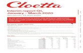 Interim report Q1, January – March 2020Cloetta interim report Q1 2020 Profit for the period Profit for the period was SEK 44m (99), which equates to basic and diluted earnings per