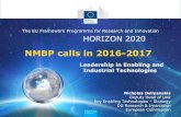 NMBP calls in 2016-2017...- Phase 1 for feasibility studies (50 000€ lump sums) - Phase 2 for innovation development and demonstration (indicative grant 0.5 – 2.5 M€) – independent