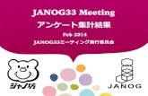 JANOG33 Meeting アンケート集計結果JANOG33ミーティング 概要 (2/2) • ストリーム中継 – 最同時視聴者数 1/23：257 1/24：209 – 合計視聴者数 1/23：2944