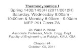 Thermodynamics I Spring 1432/1433H (2011/2012H) Saturday ...€¦ · 0.4 m3 of air at 100 kPa and 80°C. The air is now compressed to 0.1 m3 in such a way that the temperature inside