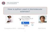 How is python used in biomolecular sciences? · pdb api Schrödinger suite RDkit OpenMM tools Amber tools Python […] pdb2gmx mostly C++ commandline TCL, bash, python, Perl … get
