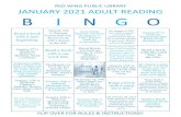 RED WING PULI LIRARY JANUARY 2021 ADULT READING I N G O · 2021. 1. 2. · red wing puli lirary january 2021 adult reading i n g o how to play: 1. read 5 in a row! you an read aross,