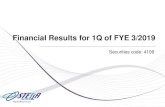 Financial Results for 1Q of FYE 3/2019€¦ · Investments and Other Assets 3,287 3,473 -186 Current liabilities 11,013 10,617 396 Short-term Loans Payable 2,058 1,860 198 Long-term