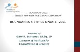 BOUNDARIES & ETHICS UPDATE--2021 · 2021. 1. 8. · Presented by: Gary R. Schoener, M.Eq., LP Director of Institute for Consultation & Training 8 JANUARY 2021 CENTER FOR PRACTICE