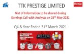 TTK PRESTIGE LIMITED Q4 2020-21.pdfDomestic Sales grew by 41.5% from Rs. 376.63 Crores to Rs. 532.92 Crores. Export Sales for the quarter grew by 218% from Rs. 6.90 Crores to Rs. 21.95